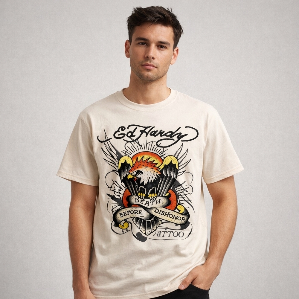 🆕️Ed Hardy Eagle Tattoo Graphic Tee Ivory Y2K Streetwear Mens M NWT